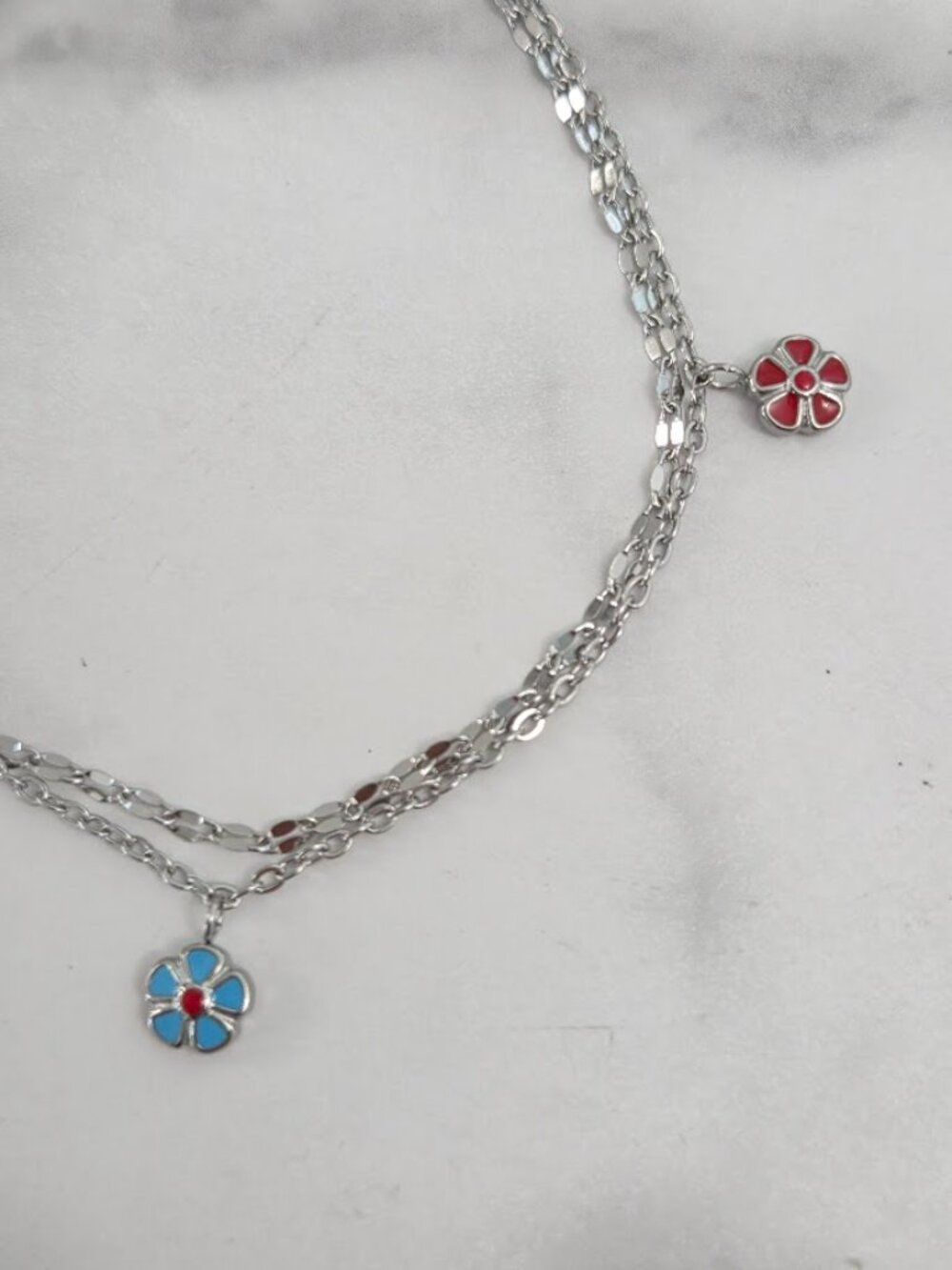 Boho Silver Double Chain Flower Anklet Pink Blue - Picture 13 of 16